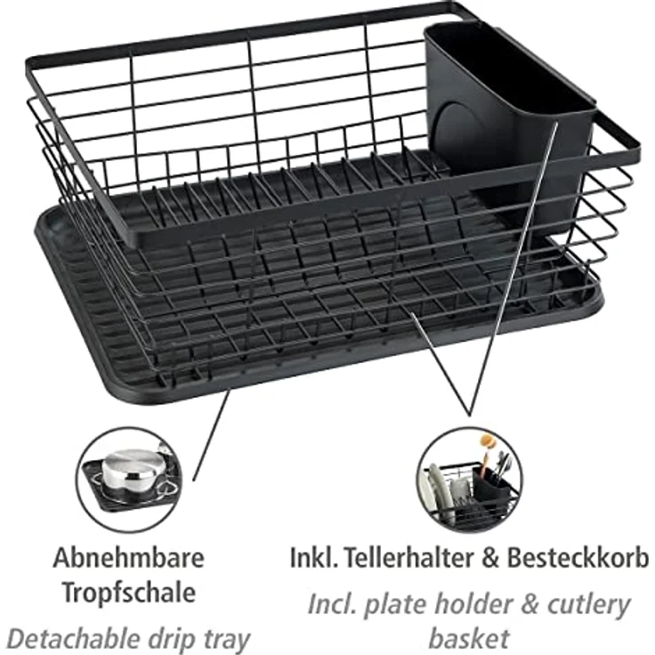 WENKO Geschirrabtropfer Drip, Abtropfgestell für Geschirr, ideal zum Abstellen neben der Spüle, aus pulverbeschichtetem Metall und Kunststoff, 36 x 15 x 30,3 cm, Schwarz – Bild 2