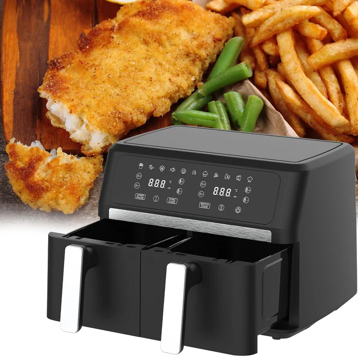 Casativo Premium Doppelkorb Heissluftfritteuse, Dual Zone, 9 Liter, 2400W, 11 Kochprogramme, Edelstahl/ABS, LED Touch Display, Antihaft, Schwarz