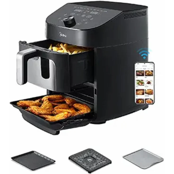 Midea Heißluftfritteuse MAD1100DADK, 2-in-1 Heißluftfritteuse und Ofen mit 11 L Volumen, vertikale Bauweise, 10 Automatikprogramme, SmartHome-App-Kompatibilität