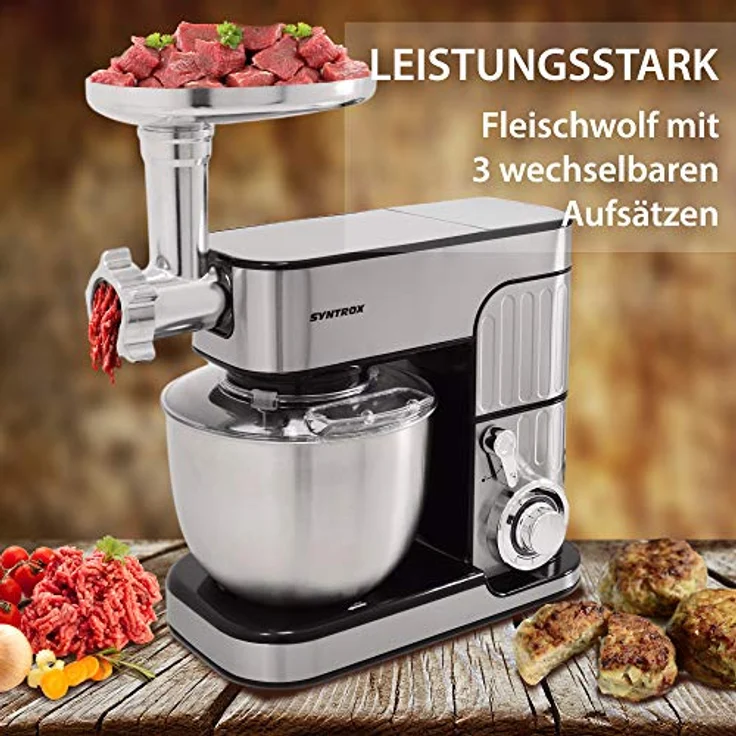Syntrox Küchenmaschine de Luxe 5,5 L Edelstahlschüssel, 1300W, silber, schwarz – Bild 4