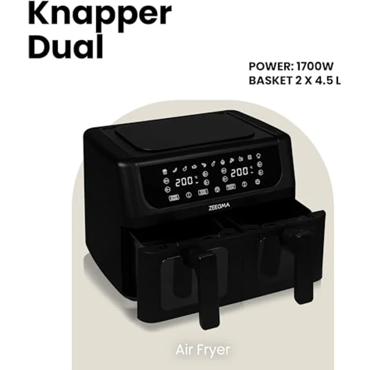 Zeegma KNAPPER DUAL Heißluftfritteuse 1700 W, 9 L Fassungsvermögen, 11 Programme, Touch-Bedienfeld, Schwarz – Bild 2