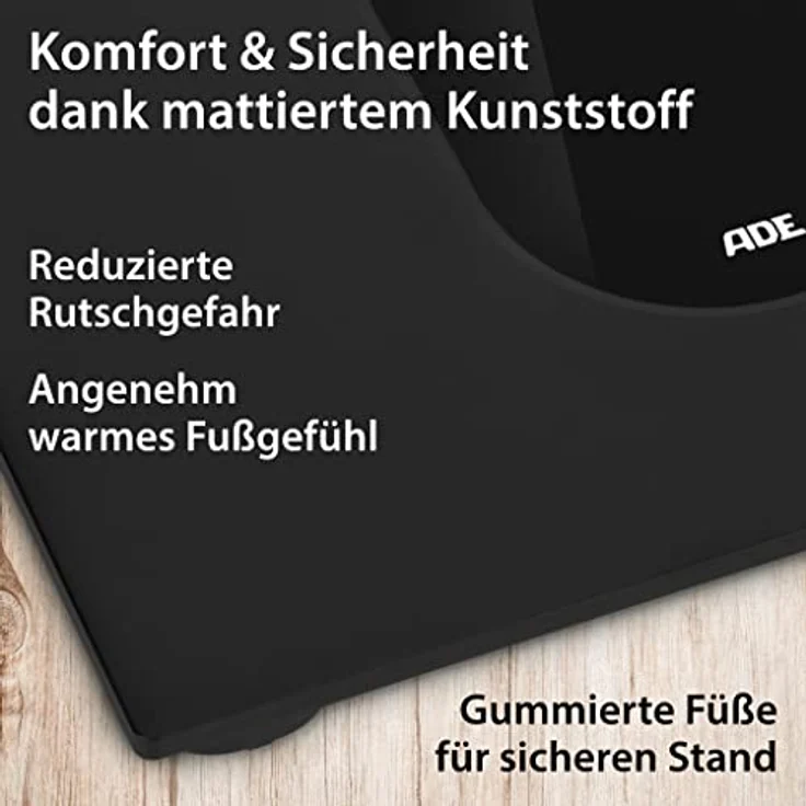 ADE Digitale Personenwaage mit großem LED-Display | rutschfeste Wiegefläche aus Sicherheitsglas | genaues Wiegeergebnis in 100-g-Scrhritten | elegante schwarz matte Oberfläche | bis 180 kg – Bild 5