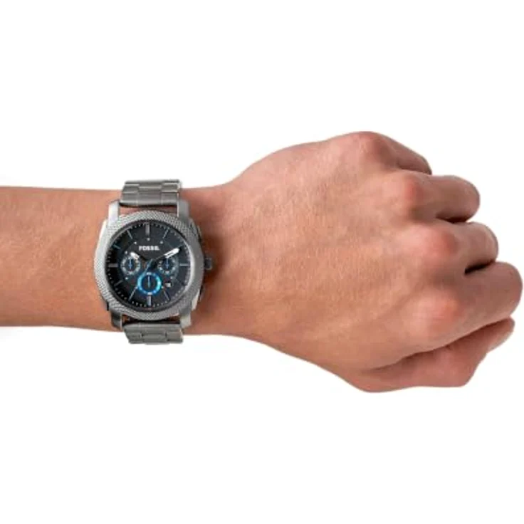 Fossil Machine Uhr für Herren, Chronographenwerk, Edelstahl- und Lederarmband, grau und blau, 45 mm – Bild 2