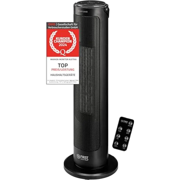 TZS First Austria Turmheizlüfter, Keramik-Heizstrahler mit Fernbedienung, 1200-2000 W, Timer, Thermostat, Umkippschutz, schwarz