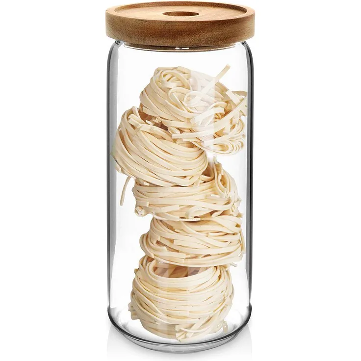 Excellent Houseware Glasbehälter mit luftdichtem Akazienholzdeckel, hoch und transparent, ideal für Müsli und Süßigkeiten, spülmaschinenfest