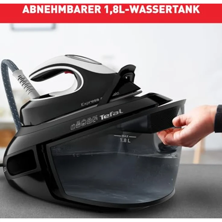 Tefal SV8055 Express Anti-Calc Dampfbügelstation, 2800 Watt, Dampfstoß 450 g-Min., Dauerdampf 120 g-Min., Anti-Kalk-Kollektor, Durilium AirGlide AutoClean Bügelsohle, Schwarz-Weiß – Bild 6