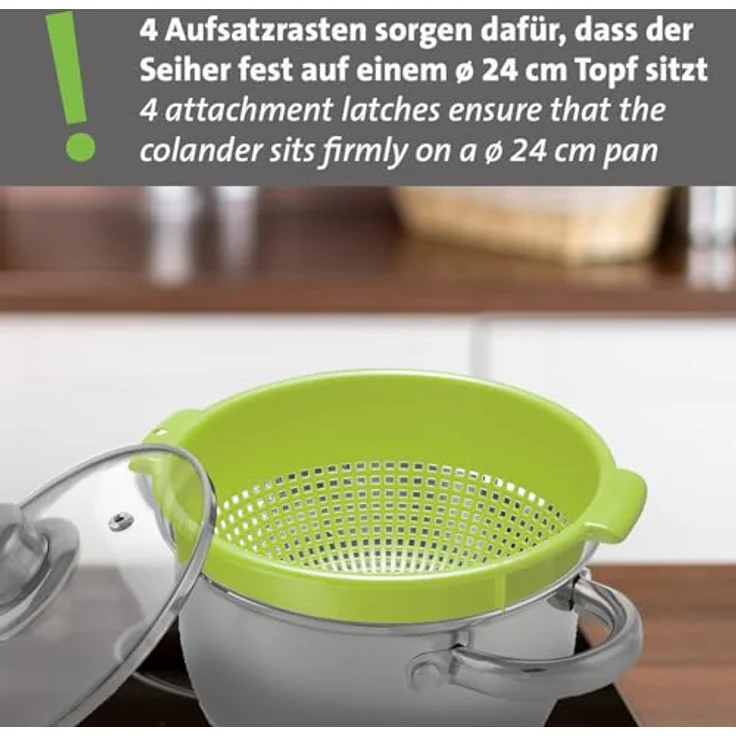 Westmark Seiher, Set aus 2 großen Küchensieben mit 2 Griffmulden und 4 Aufsatzrasten, apfelgrün, Kunststoff, ø 24 cm – Bild 5