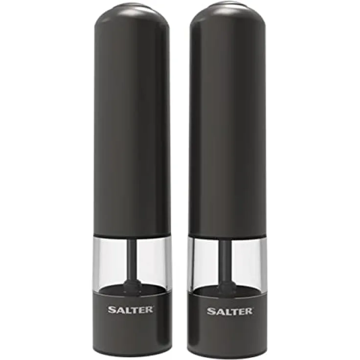 Salter 7538 GMXR Wiederaufladbare Salz- und Pfeffermühlen, USB-Kabel, BPA-Frei, einfache Einhand-Bedienung, Keramikmechanismus, einstellbarer Mahlgrad fein bis grob, Edelstahl, 60g Salz/30g Pfeffer
