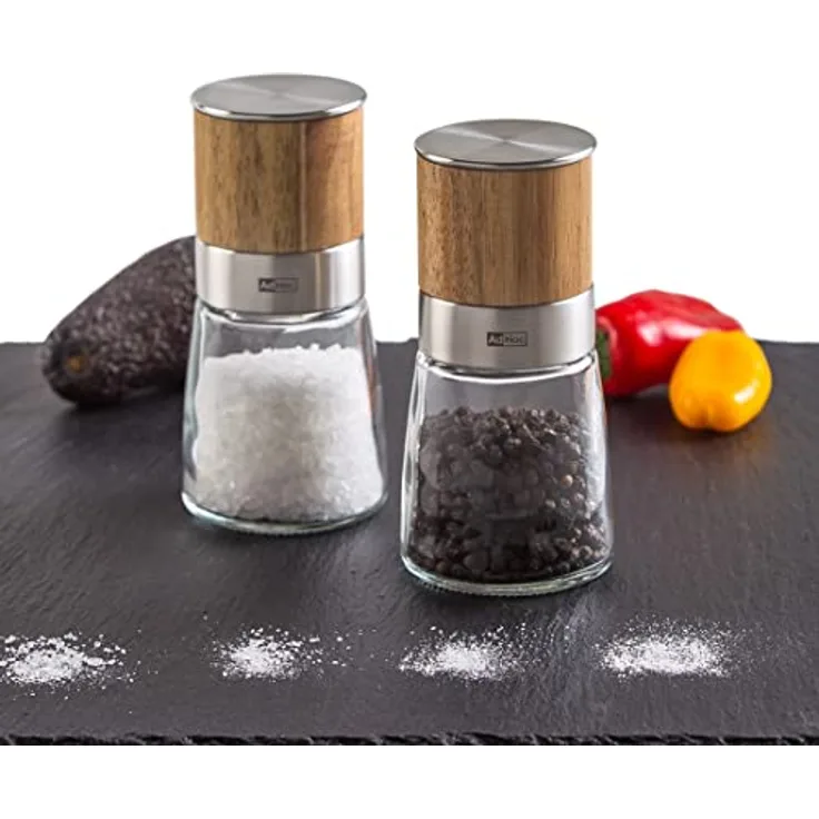 AdHoc Gewürzmühlen Set | Pfeffermühle und Salzmühle Akasia Glas & Holz | gratis Meersalz und schwarzer Pfeffer | Keramikmahlwerk