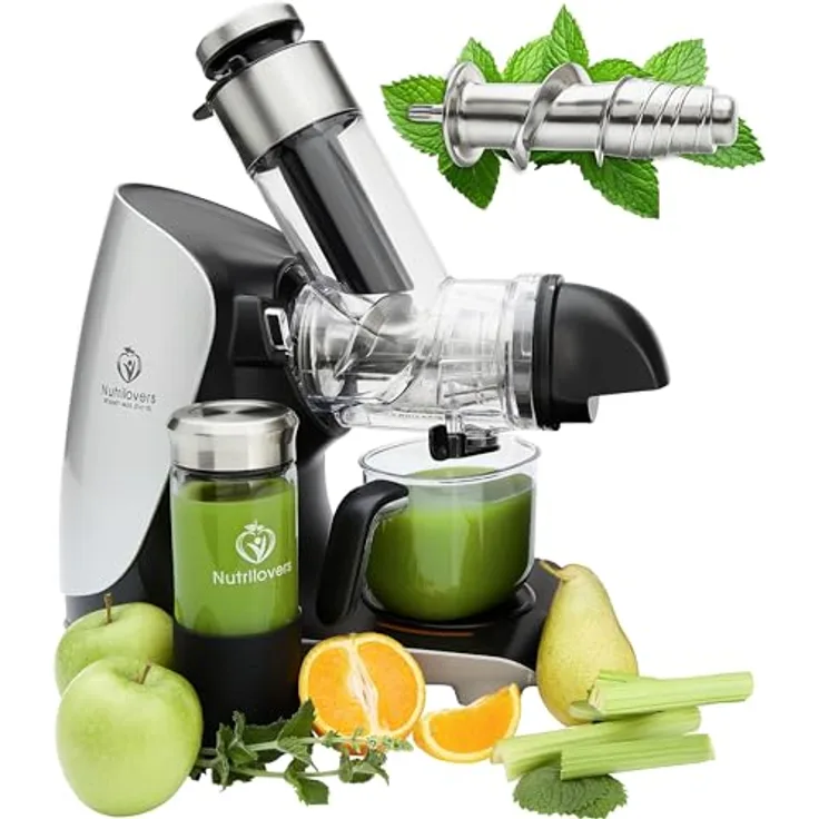 Nutrilovers GREEN-PRESS EDELSTAHL Slow Juicer, 304 Edelstahl, BPA-frei, elektrisch, Hochleistungsentsafter für ganze Früchte, Sellerie und Blattgemüse, Testsieger 2023, spülmaschinenfest