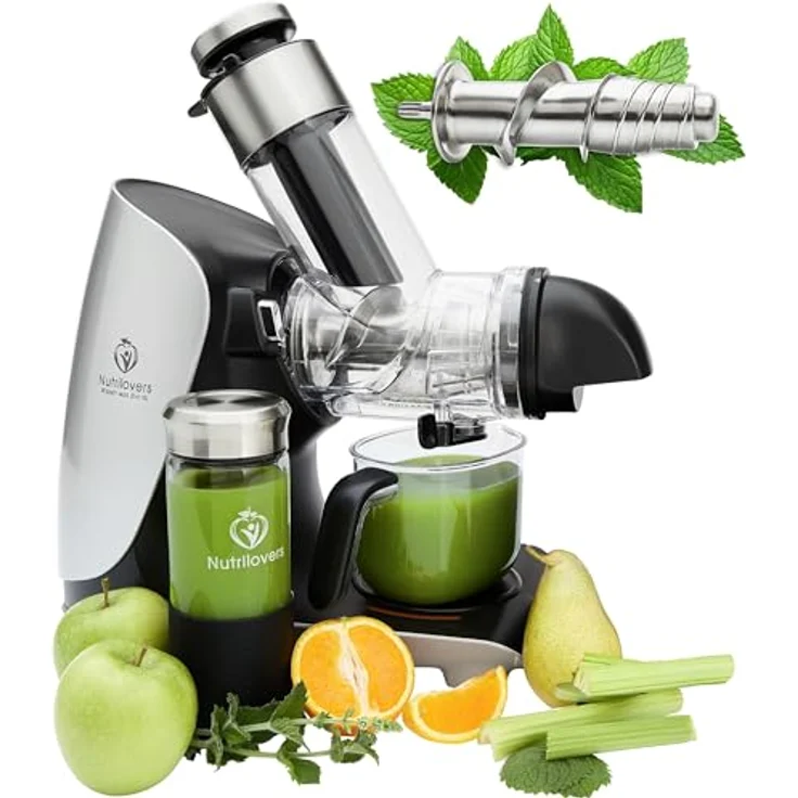 Nutrilovers GREEN-PRESS EDELSTAHL Slow Juicer, 304 Edelstahl, BPA-frei, elektrisch, Hochleistungsentsafter für ganze Früchte, Sellerie und Blattgemüse, Testsieger 2023, spülmaschinenfest – Bild 1