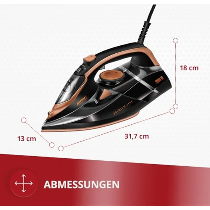 MPM Bügeleisen mit Keramiksohle MZE-24/C - 190g Dampfstoß - Kontinuierlicher Dampf - Vertikale Dampffunktion - Auto Shut-Off - 3000W - 300ml Wassertank - Schwarz – Bild 2