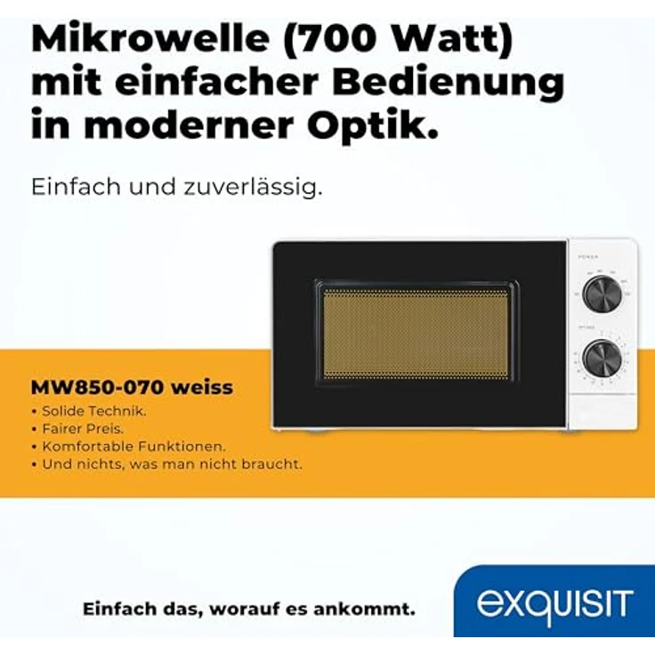 Exquisit Mikrowelle MW850-070 weiss | 700 W | Garraum 20 l | Timer | 24,5cm Ø Drehteller – Bild 2