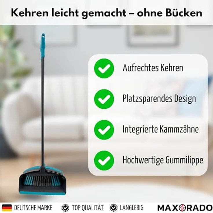 Maxorado Kehrgarnitur Handfeger und Kehrblech Set, 93 cm langer Stiel mit Gummilippe und drehbarem Kehrblech – Bild 2