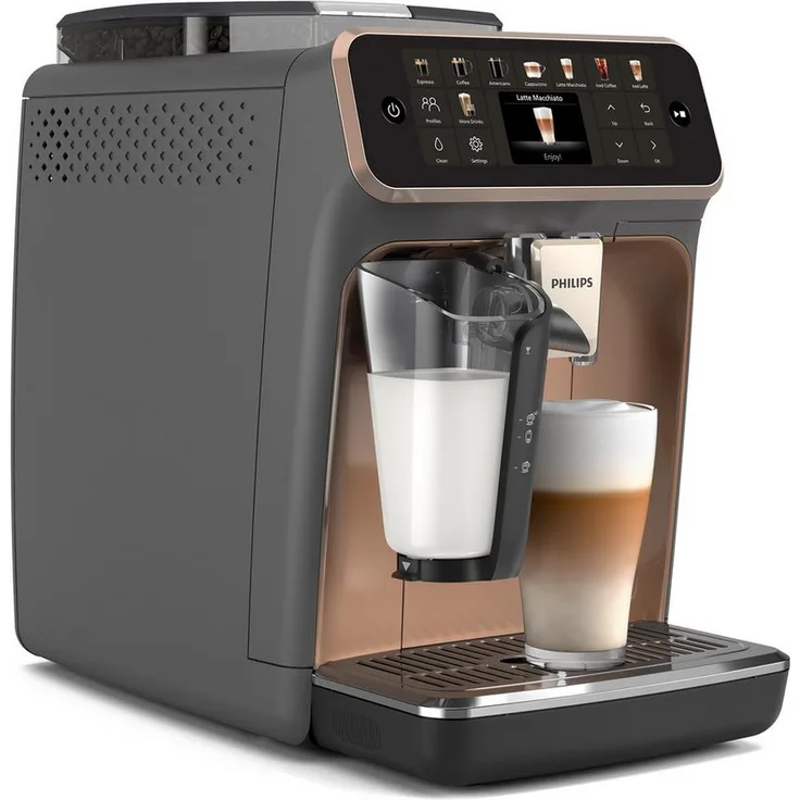Philips Kaffeevollautomat EP5544/80 5500 Series, 20 Kaffeespezialitäten (heiß oder eisgekühlt), LatteGo-Milchsystem, SilentBrew Technologie, Grau/Kupfer