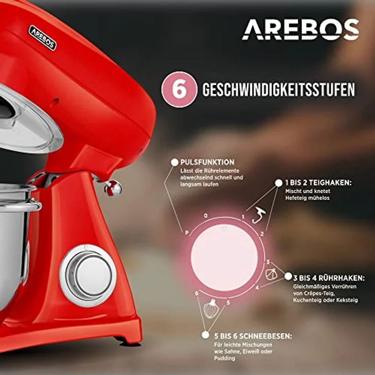 Arebos Retro Küchenmaschine 1800W Rot | 6L Edelstahl-Rührschüssel | Geräuscharm | 6 Geschwindigkeiten – Bild 2