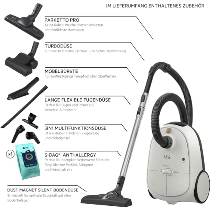 AEG AB61H6SW Bodenstaubsauger mit Beutel, 650 Watt, 12 m Aktionsradius, Shell White – Bild 2