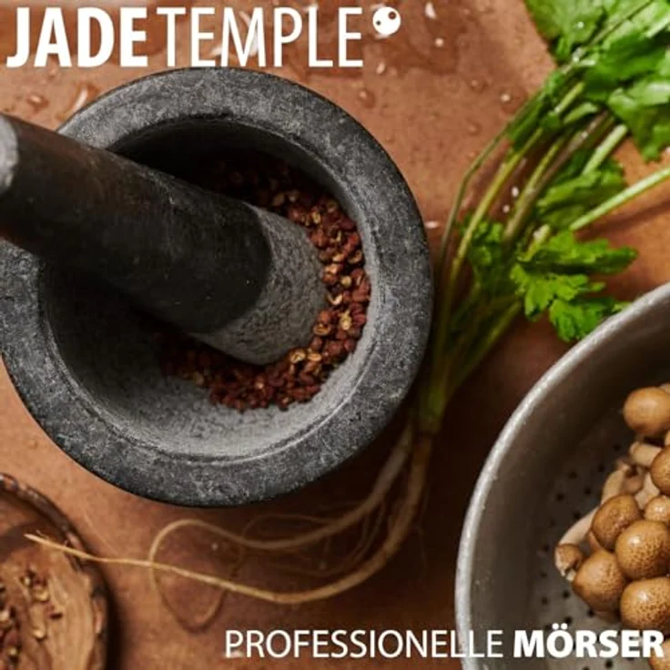 JADE TEMPLE Steinmörser mit Stößel im Set, effektives und einfaches mörsern, aus massivem Granit mit 12 cm Durchmesser und 12 cm Höhe – Bild 3