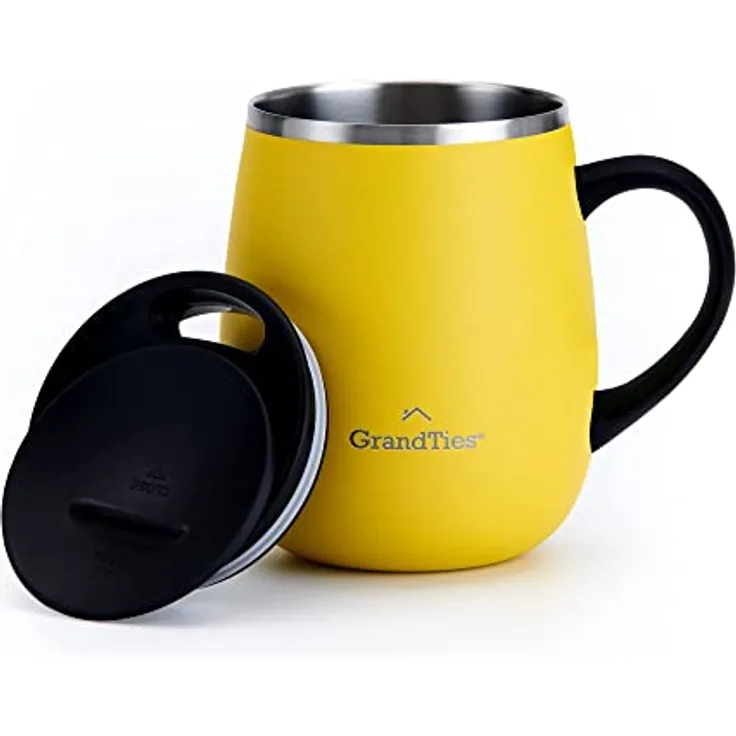 Grandties Thermo Kaffeebecher mit Griff - Schiebedeckel für Spritzschutz 460 ml , Zitrone
