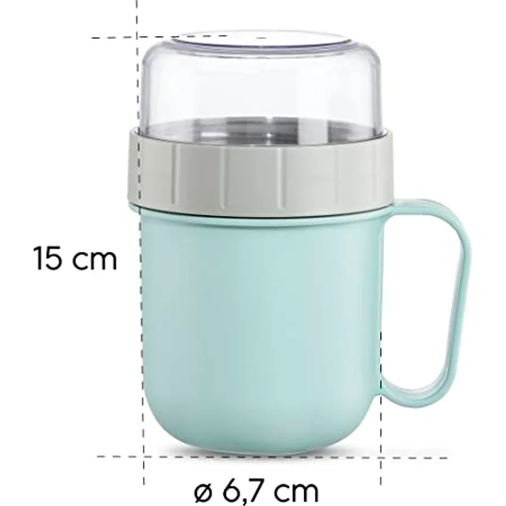 Xavax Müslibecher 2 Go, 500+200 ml (2 Fächer, Müslibecher für z.B. Joghurt, Milch, extra Topper für Müsli, Obst, Cornflakes etc., auslaufsicherer To Go Becher, spülmaschinenfest) Pastellblau/Grau – Bild 3