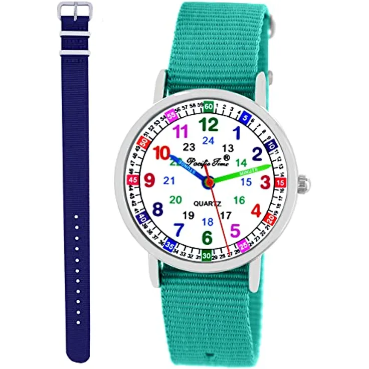 Pacific Time Kinder Armbanduhr Lernuhr, analog Quarz mit textilen Armbändern in türkis und dunkelblau, 16mm breit, ideal für Mädchen und Jungen