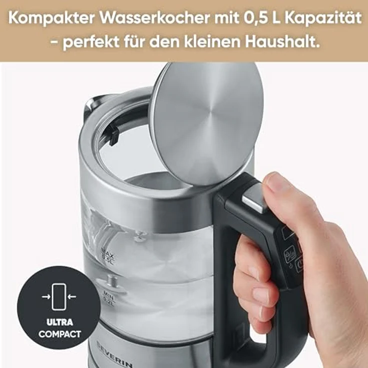 Severin WK 3458 Mini-Wasserkocher, 1100W, 0,5L, Temperatureinstellung, Wasserstandsanzeige, silber – Bild 4
