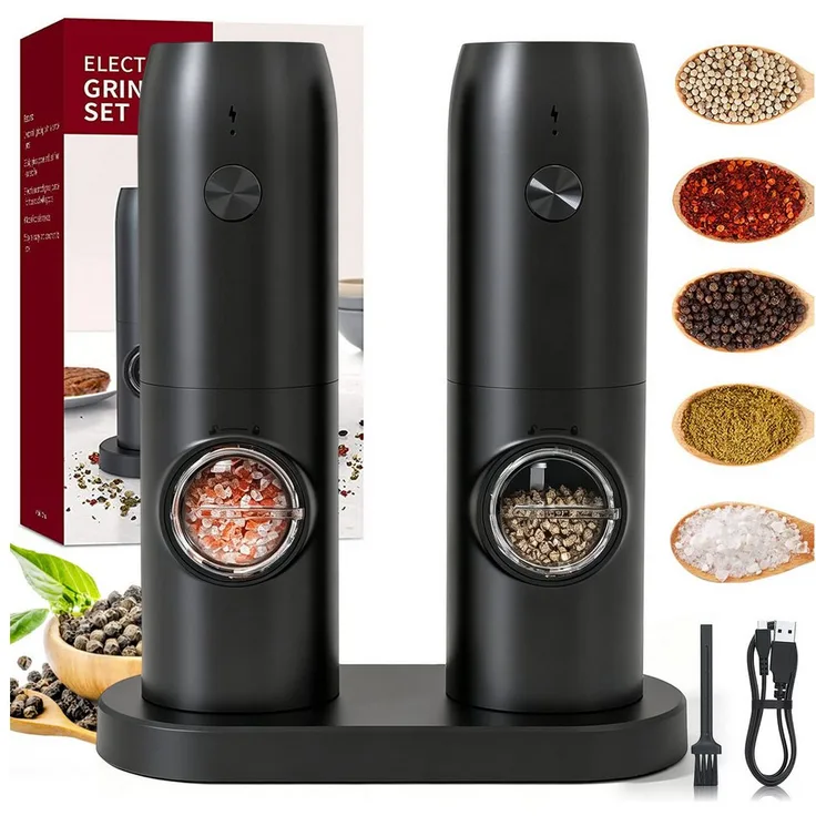 AKKEE Elektrische Salz- und Pfeffermühle 2er Set, wiederaufladbar mit Reinigungsbürste, schwarz, für Küche und BBQ