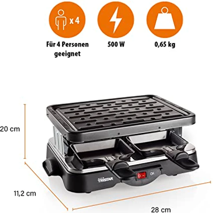 Tristar Raclette Grill- Tischgrill für bis zu 4 Personen ? mit Ein-- Ausschalter und 4 Pfännchen, RA-2949 – Bild 2
