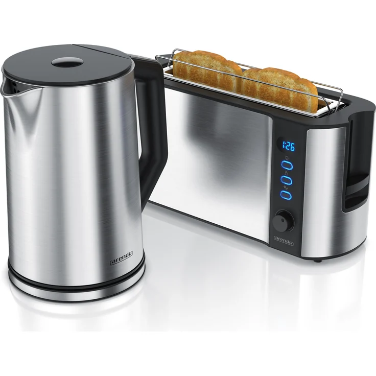 Arendo Frühstücks Set, Edelstahl Wasserkocher 1,5l Temperaturwahl & 2-Scheiben Langschlitz Toaster, Silber, Wasserkocher, Silber