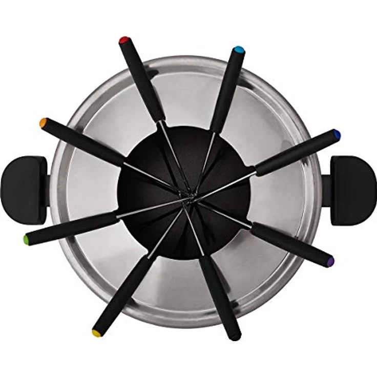 Cloer 6679 Fondue für 8 Personen, beschichteter Aluminiumtopf, inklusive Spritzschutz, 8 farbig markierte Gabeln 1,5 Liter, 1000 W, silber, schwarz – Bild 6