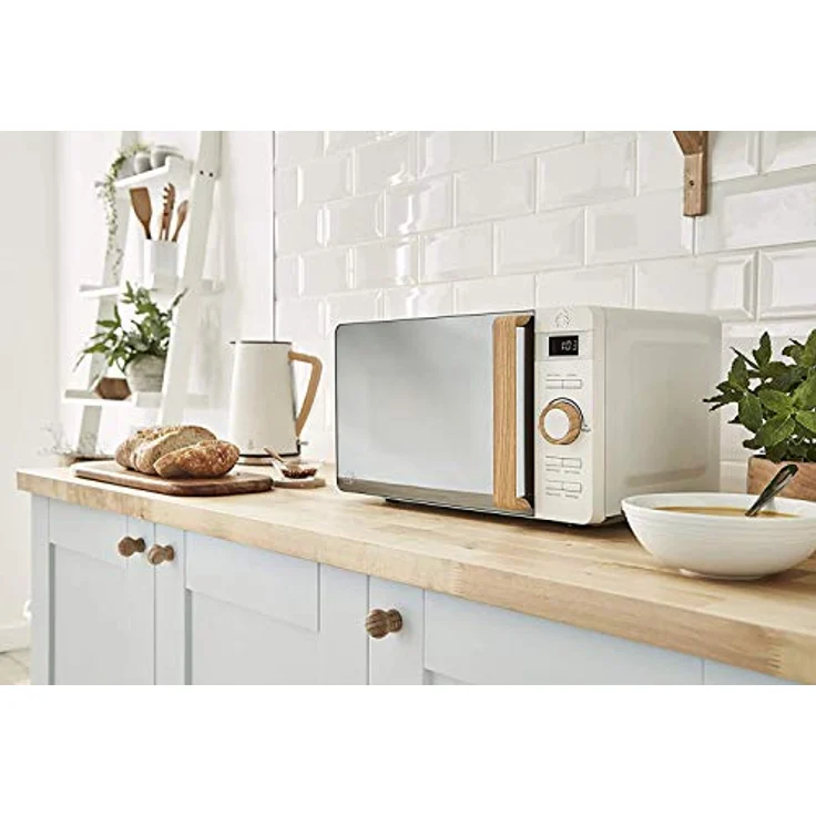 Swan Nordic Digitale Mikrowelle, Standgerät, 20 Liter Garraum, 6 Betriebsstufen, 800 Watt, 30 Minuten Timer, einfache Reinigung, Auftaumodus, modernes Design, Griff in Holzoptik, Weiß matt – Bild 3