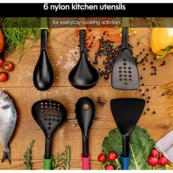 Axer Nylon-Kochutensilien-Set mit Drehbarem Ständer – 6-teilig – Mehrfarbiges Küchenset mit Löffel Schöpfkelle Schaumlöffel Wender Pfannenwender und Spaghettilöffel – Spülmaschinenfest – Bild 2