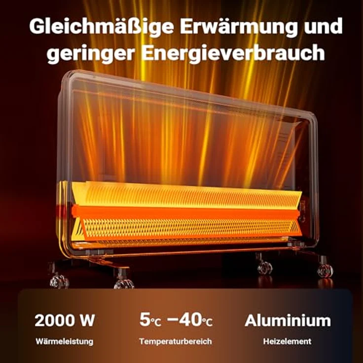 Wiltec 2000 W Elektro Glasheizung, Glaskonvektor mit LED-Anzeige, Wandmontage & Rollen, Wifi-Steuerung, inkl. Fernbedienung - Elegant und effizient – Bild 4