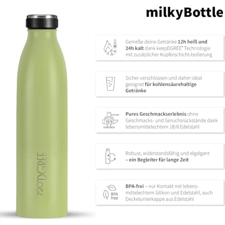 720°DGREE Trinkflasche Doppelwandig Edelstahl 500ml Isolierflasche milkyBottle light green matt – Bild 2