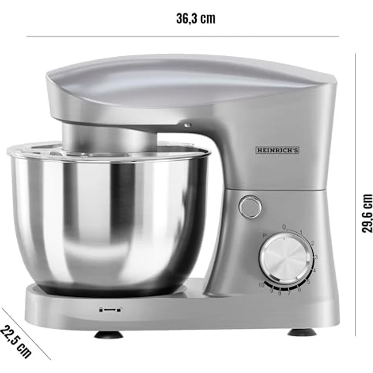 Heinrich´s HKM 8077 Küchenmaschine, Knetmaschine mit 1500W, 10 Geschwindigkeitsstufen, 6L Edelstahlschüssel, geräuscharm, silber – Bild 2