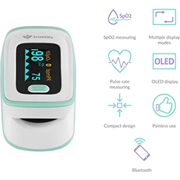 TrueLife Oximeter X5 Bluetooth und App, Messung der Sauerstoffsättigung, der Herzfrequenz und des Perfusionsindexes, 6 Anzeigemodi, akustisches Signal für Pulsfrequenz, Gürteltasche und Umhängeband – Bild 2