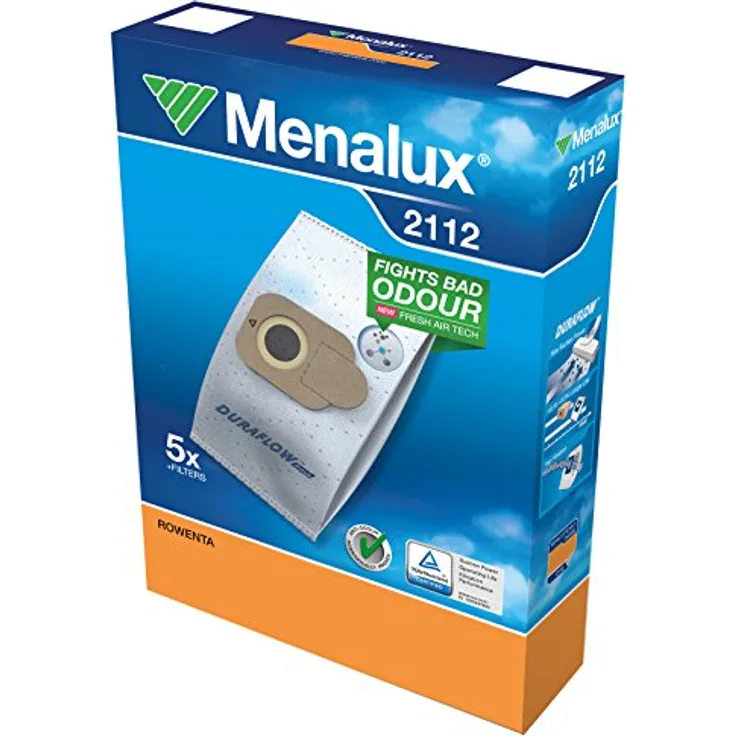 Menalux 2112 Staubsaugerbeutel für Rowenta RO 64, RO 6432, RO 63, RO 68, 5 Duraflow Synthetikbeutel mit 1 Motorfilter, TÜV geprüft, Weiß