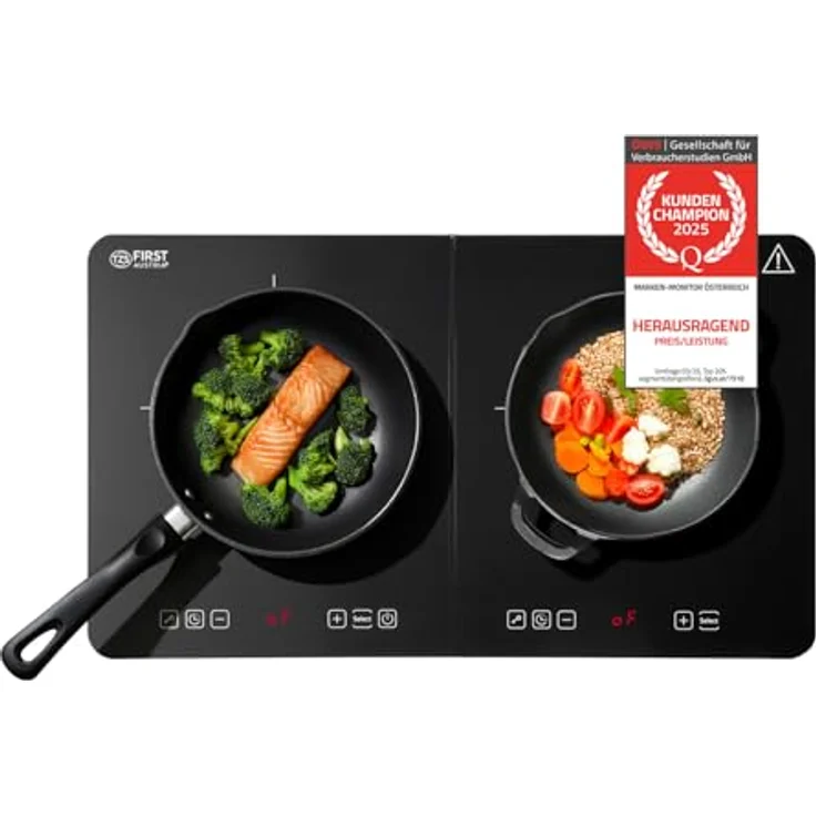TZS First Austria Induktionskochplatte doppelt, 3500W, 2er Glaskeramik-Herdplatte, 10 Leistungsstufen, Timer, Kindersicherung, LED-Display, Touch-Bedienung, Überhitzungsschutz, schwarz, ideal für Camping und mobile Nutzung – Bild 1
