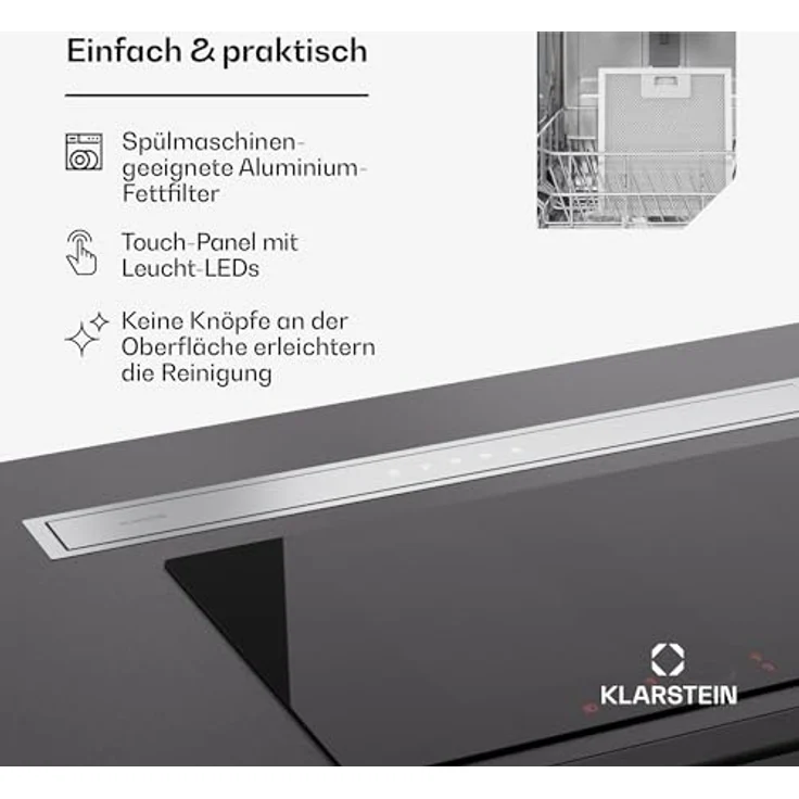 Klarstein Royal Flush Eco 90, Versenkbare Downdraft-Dunstabzugshaube mit 576m³/h Luftstrom, LED-Beleuchtung & Touch-Bedienfeld, Edelstahl – Bild 6