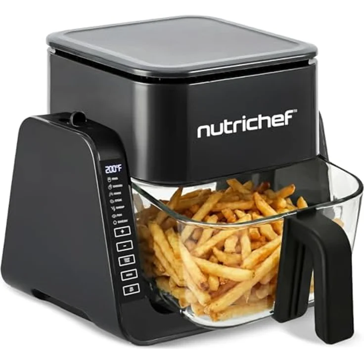 NutriChef 4L Airfryer & Elektrogrill, 7-in-1 Heißluftfritteuse mit 1500 W, 1.2L Grillfläche, transparentem Sichtfenster, schwarz – Bild 1