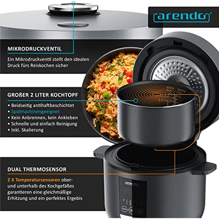 Arendo - Reiskocher 2l inkl. Dampfgarer-Einsatz (Warmhaltefunktion, antihaftbeschichteter Gartopf, Reislöffel & Messbecher) 350W, Schongarer für Gemüse & Fisch etc. – Bild 4