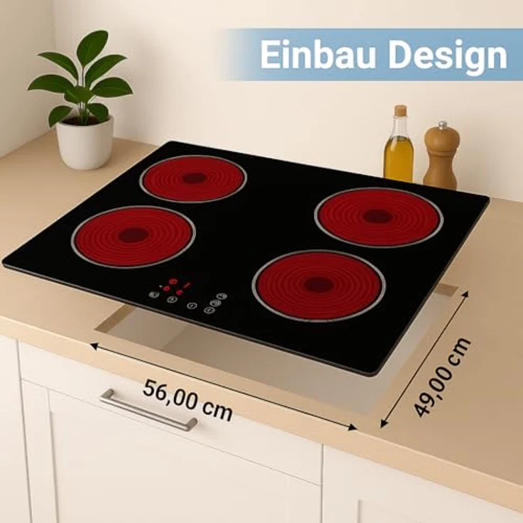 Yuna Calor EBK4 Glaskeramik-Kochfeld Herdplatte Glaskeramik 4 Kochzonen Timer – Bild 3