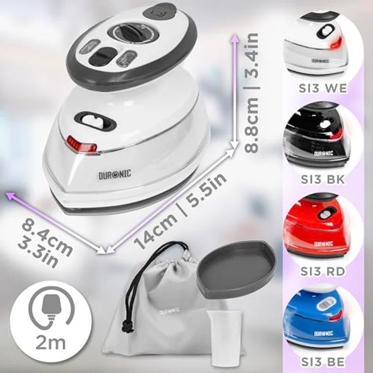 Duronic SI3 WE Mini Reisebügeleisen, 400W Dampfbügeleisen mit 35ml Wassertank, für alle Stoffe, faltbarer Griff, 2 Betriebsspannungen, in Weiß – Bild 2