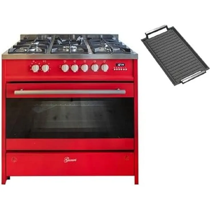 Gurari Gas Standherd 90 cm in Rot GCH E 911 R + Grillplatte Gasherd mit Elektrobackofen 121 L | Range Coocker 5 Kochzonen 3,8 kW WOK Freistehender Gasherd Propangas/Erdgas