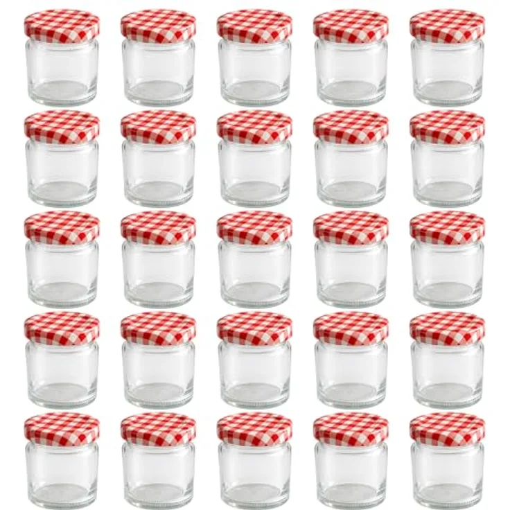 hocz 25x Mini Marmeladengläser 37 ml Set, rot kariert, luftdicht und spülmaschinenfest, ideale Einmachgläser für Marmelade und mehr