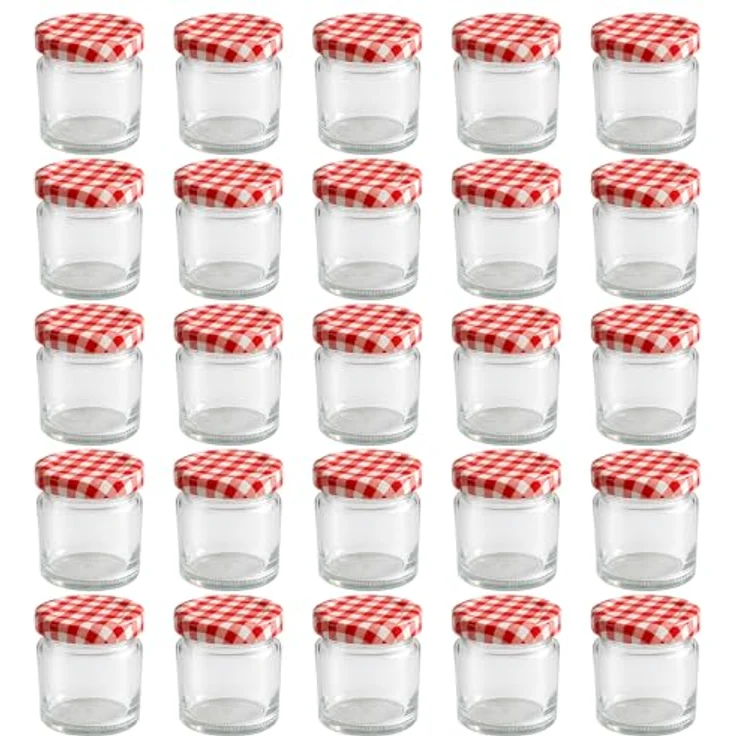 hocz 25x Mini Marmeladengläser 37 ml Set, rot kariert, luftdicht und spülmaschinenfest, ideale Einmachgläser für Marmelade und mehr – Bild 1