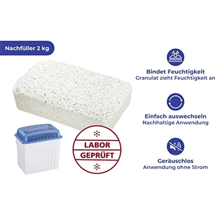 WENKO Nachfüllpack für Feuchtigkeitskiller 2kg, Granulatblock für Raumentfeuchter, fasst bis zu 2,8 l Feuchtigkeit, laborgeprüft, reduziert Schimmel & Gerüche, Weiß – Bild 2