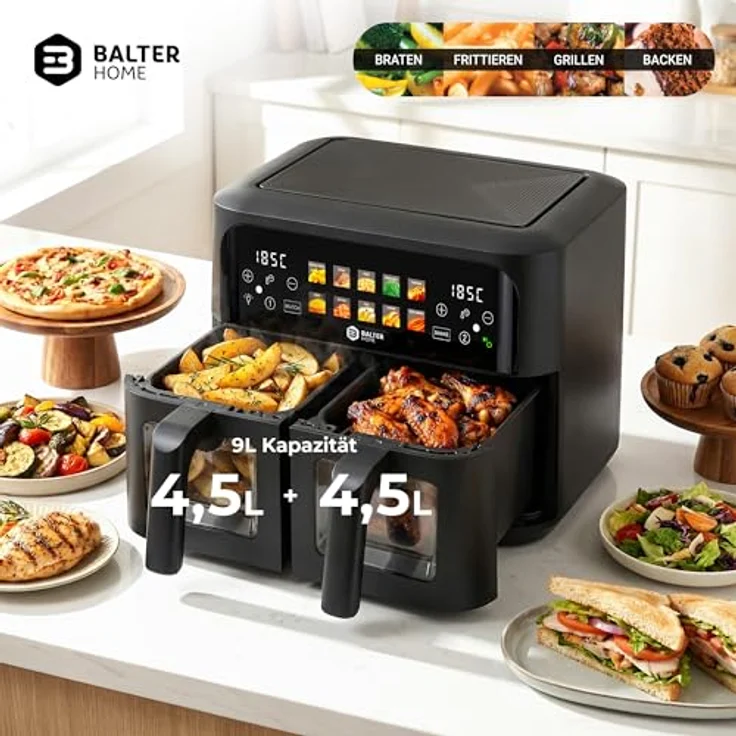 Balter Heißluftfritteuse HL-901, 2 Kammern mit Sichtfenster, 9L (2x4,5L), 2400W, 10 Programme, Dual Zone & Sync Finish, Rezeptheft – Bild 7