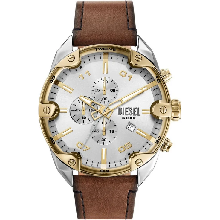 Diesel Chronograph SPIKED, Quarzuhr, Armbanduhr, Herrenuhr, Stoppfunktion, Lederarmband, silberfarben/braun – Bild 1