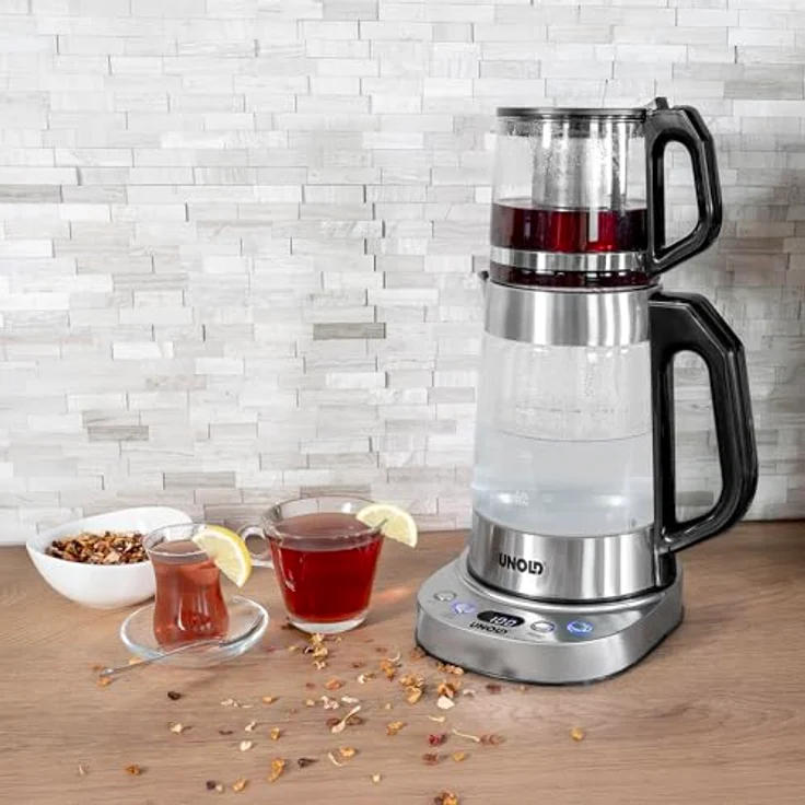 Unold Samowar Selin, 2in1 Wasser-/Teekocher mit 1,7 L Volumen, stufenweise Temperatureinstellung 92–100 °C, Edelstahl und Borosilikatglas – Bild 3